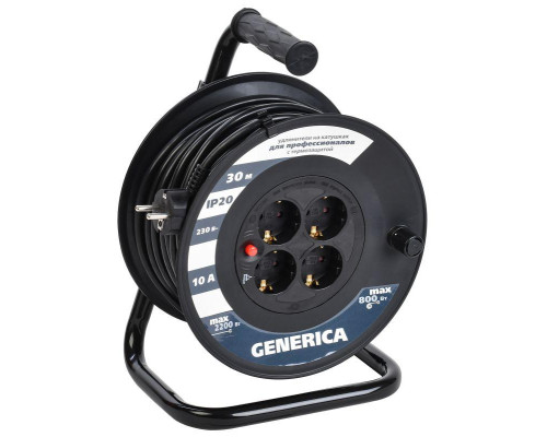 Удлинитель на катушке 4х30м 10А IP20 УК30 2P+PE 3х1 термозащита GENERICA WKP10-10-04-30-G