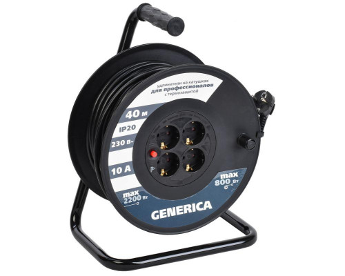 Удлинитель на катушке 4х40м 10А IP20 УК40 2P+PE 3х1 термозащита GENERICA WKP10-10-04-40-G