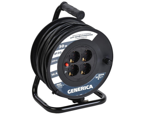 Удлинитель на катушке 4х30м 16А IP20 УК30 2P+PE 3х1.5 термозащита GENERICA WKP20-16-04-30-G