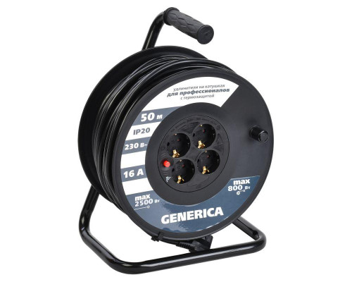 Удлинитель на катушке 4х50м 16А IP20 УК50 2P+PE 3х1.5 термозащита GENERICA WKP20-16-04-50-G