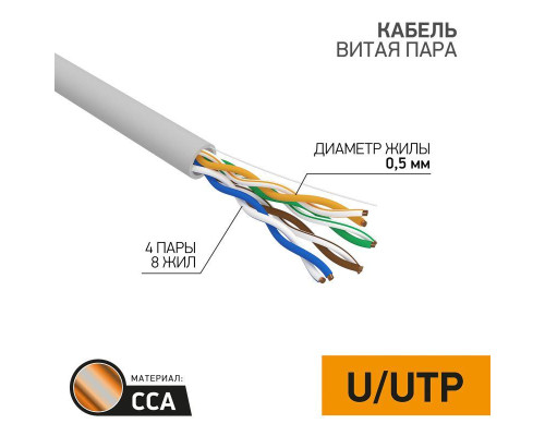 Кабель витая пара U/UTP 4х2х24AWG кат.5E solid CCA PVC сер. (м) PROCONNECT 01-0043-3